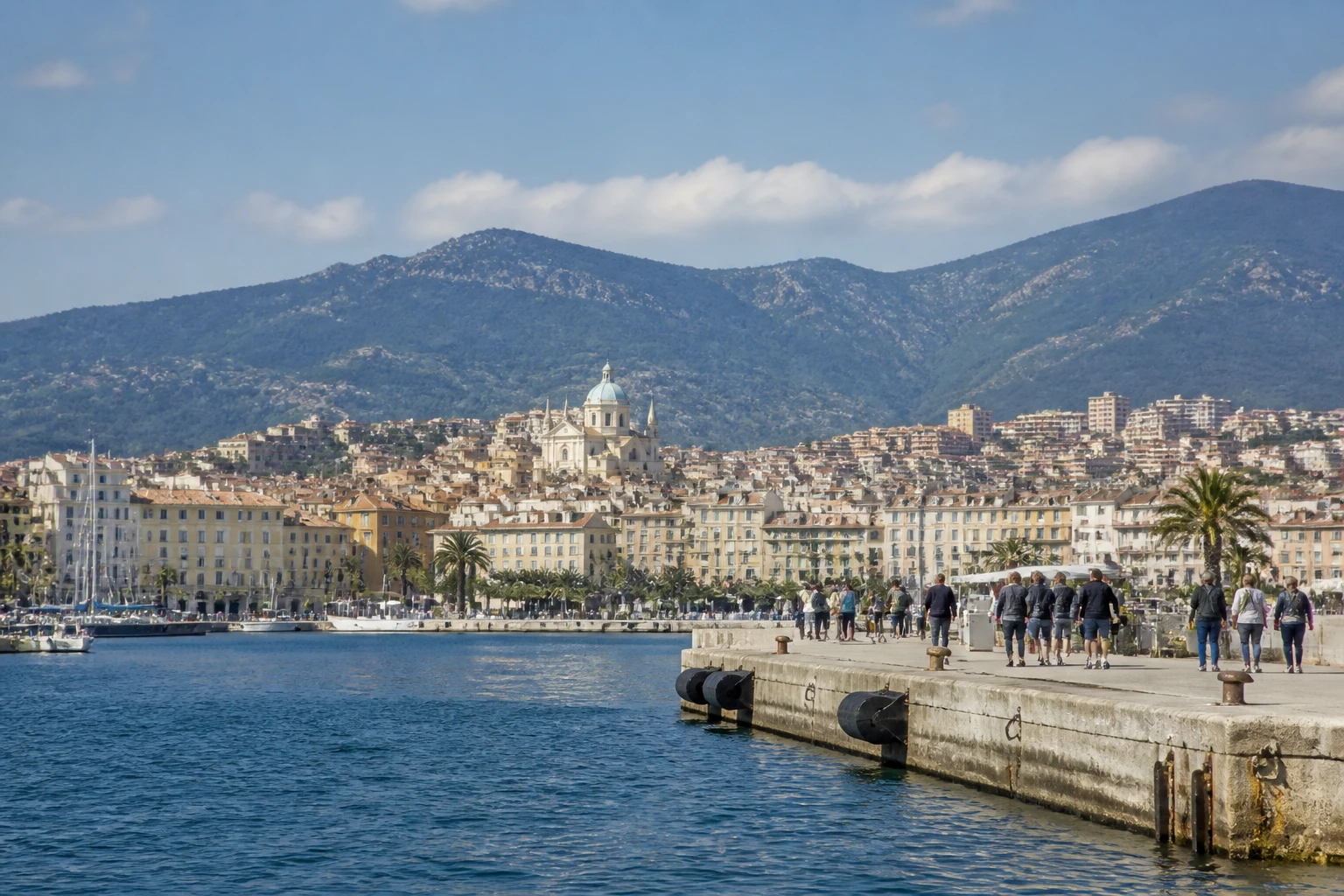 Representative cruise port destination view: Ajaccio, France; passenger waterfront and harbor water, not an exact landmark photograph.