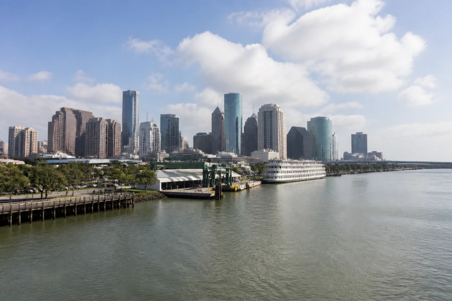 Representative cruise port destination view: Houston, United States; passenger waterfront and harbor water, not an exact landmark photograph.