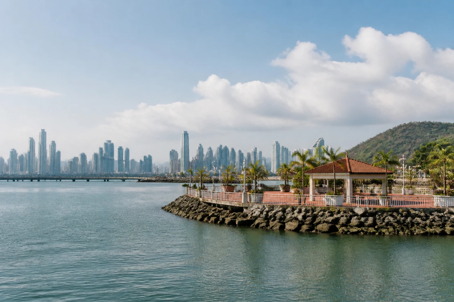 Representative cruise port destination view: Fuerte Amador, Panama; passenger waterfront and harbor water, not an exact landmark photograph.
