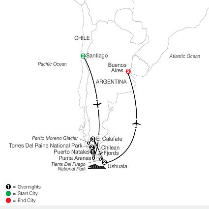 Official Globus route map for Patagonia: Journey to the End of the World, traveling from Santiago to Buenos Aires