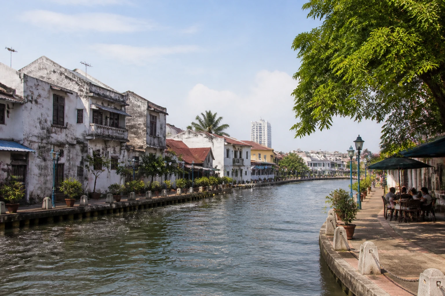 Representative historic city destination view: Malacca, Malaysia; passenger waterfront and harbor water, not an exact landmark photograph.