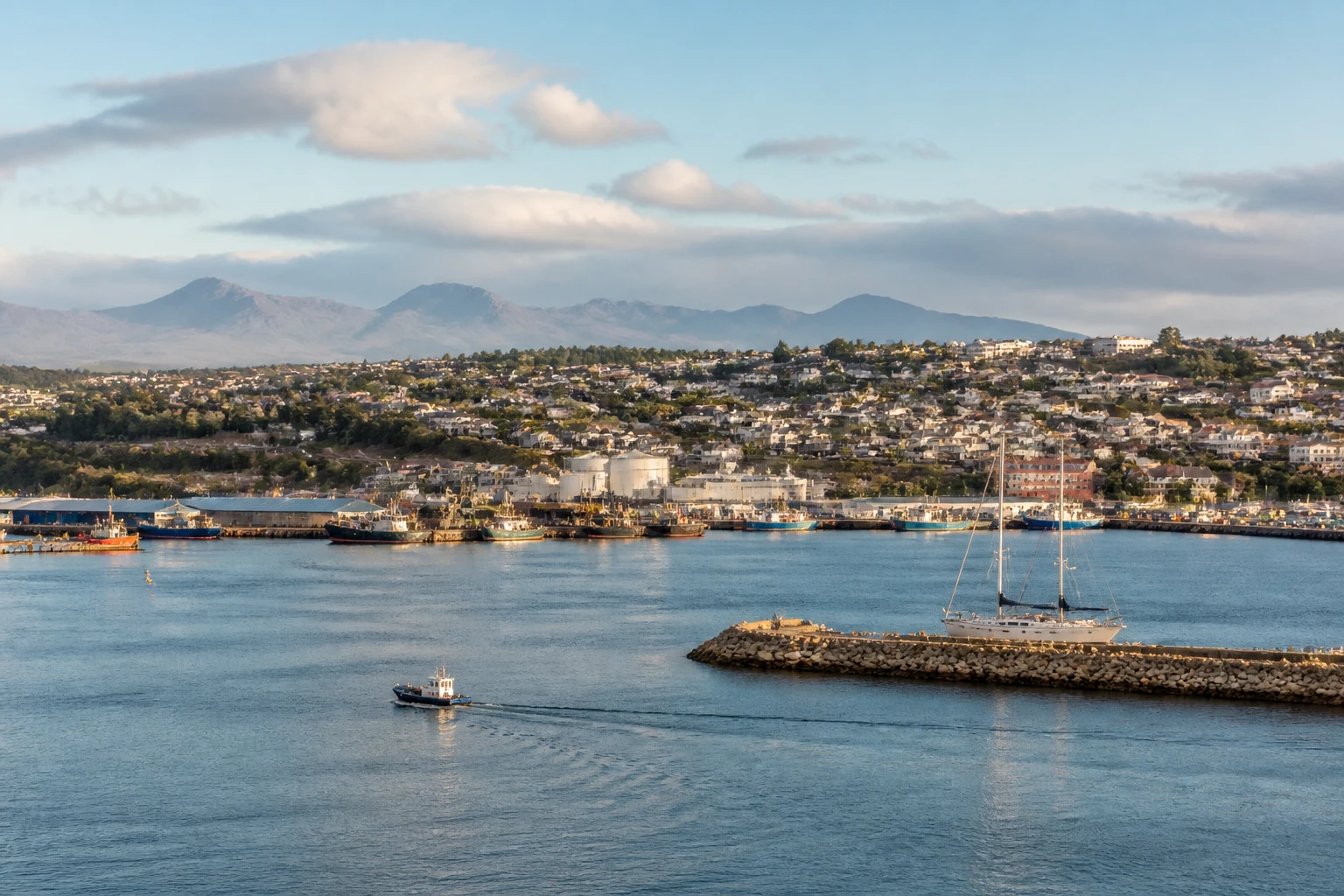 Representative cruise port destination view: Mosselbay, South Africa; passenger waterfront and harbor water, not an exact landmark photograph.