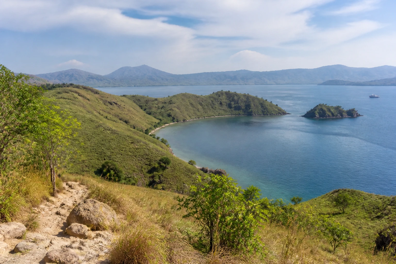 Representative national park destination view: Komodo National Park, Indonesia; protected terrain and native vegetation, not an exact landmark photograph.