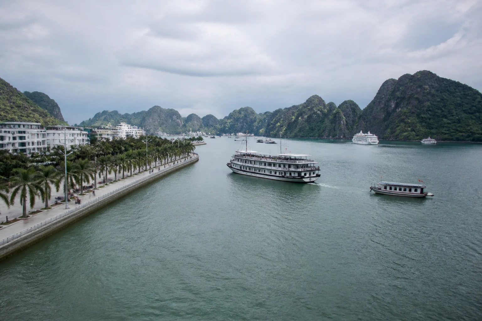 Representative cruise port destination view: Halong Bay, Vietnam; passenger waterfront and harbor water, not an exact landmark photograph.