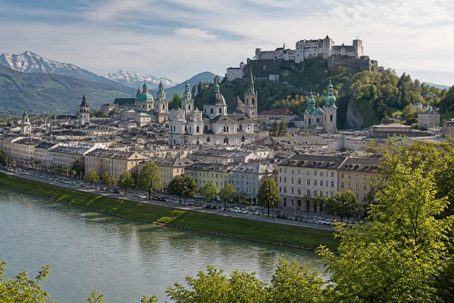 Representative city destination view of Salzburg in Austria, with local streetscape, regional architecture, and natural light; not an exact landmark photograph.