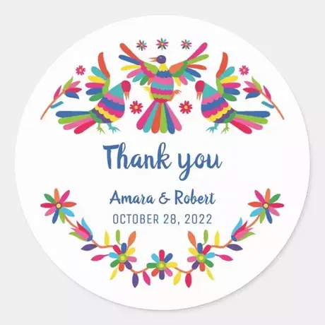 Círculo con texto Thank you y Amaia & Robert.  Etiquetas personalizadas Promocionales Alexa.