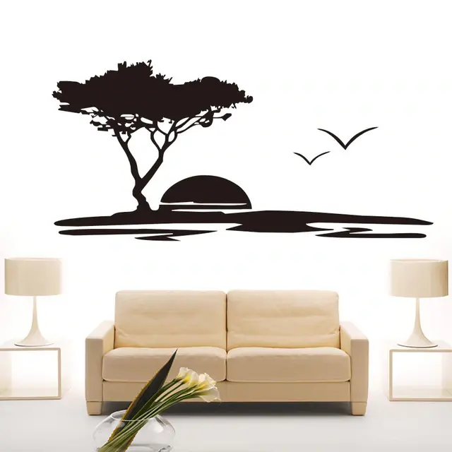 Paisaje-pared-arte-Mural-puesta-de-sol-gaviotas-gran-rbol-calcoman-a-decoraci-n-moderna-ho
