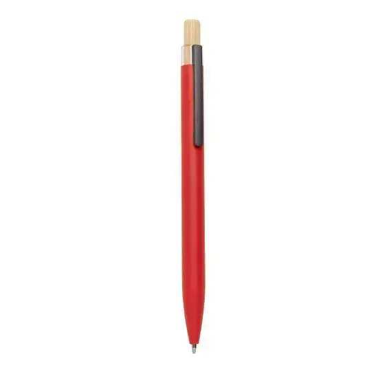 pluma negra con botón de madera y mecanismo pulsador
