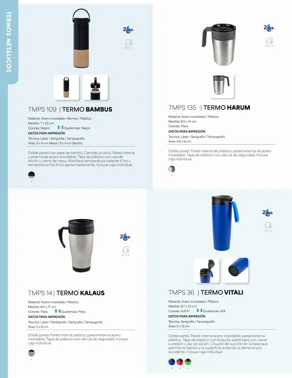 Descubre nuestro catálogo de tazas, cilindros y termos. Perfectos para promocionar tu marca o como regalo especial. Personaliza cada pieza y haz que tu mensaje destaque.