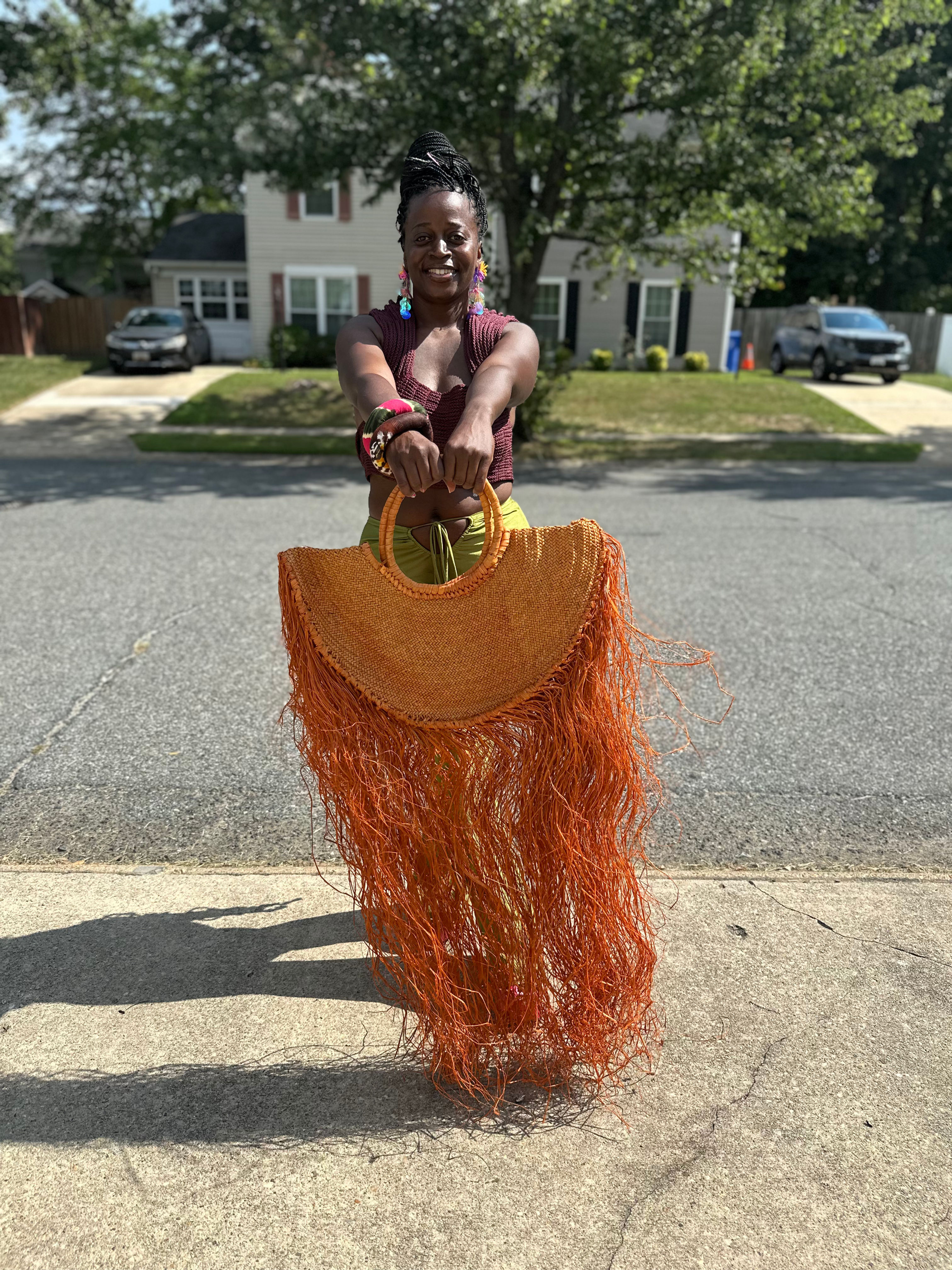 Orange Raffia Hand Made Bag