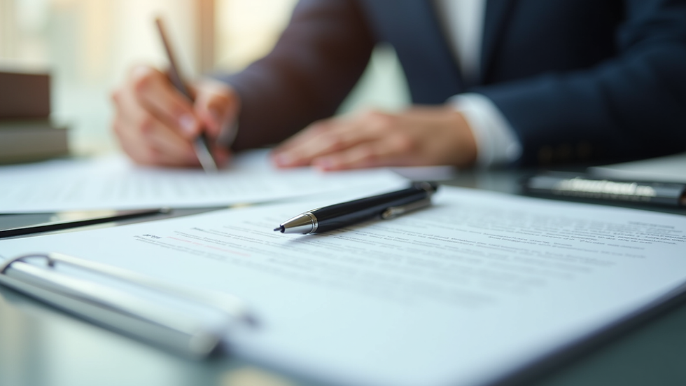 Close-up view of legal documents and a pen on a desk