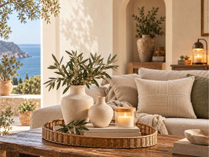 Warm Mediterranean living room with neutral ceramics, olive branches, natural textures and cozy decor