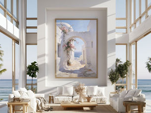 Greek island wall art in a bright Mediterranean living room with Aegean sea views