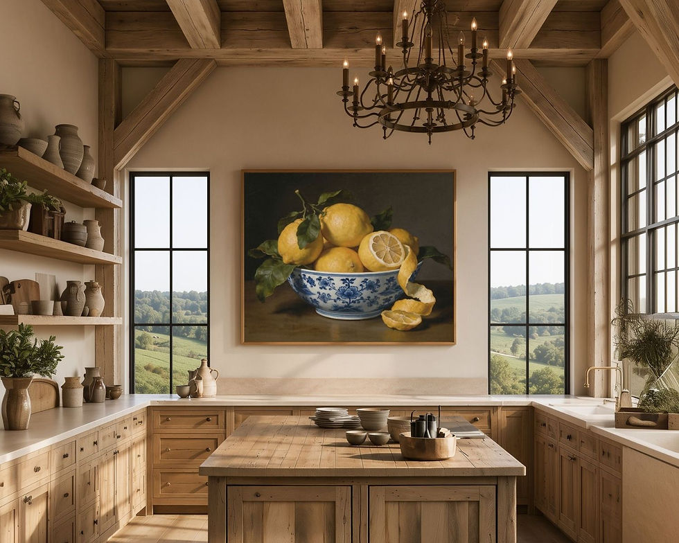 Mediterranean kitchen with lemon still life wall art, natural wood cabinetry, exposed beams and warm rustic decor