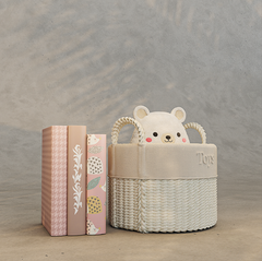 Decoração infantil ursinho no cesto com livros cor de rosa