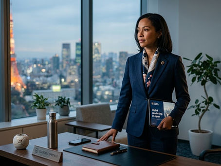 Dirigeant international préparant son expatriation professionnelle au Japon, vue de Tokyo en arrière-plan