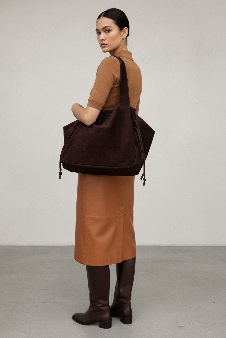 Zamszowy Weekend Soft Shopper Bag w Czekoladowym Brązie