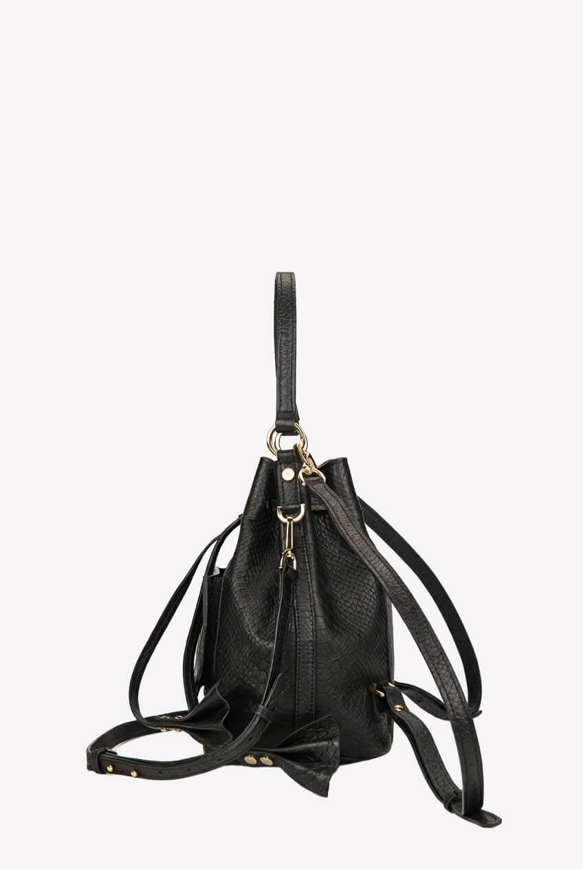 Torebka Mini Worek z plecionym paskiem skórzana „mamba” czarna