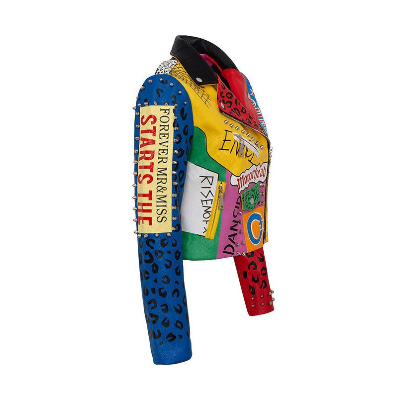 Thumbnail: Zany Graffiti Rock Band Slim Studded Biker-Style Jacket
