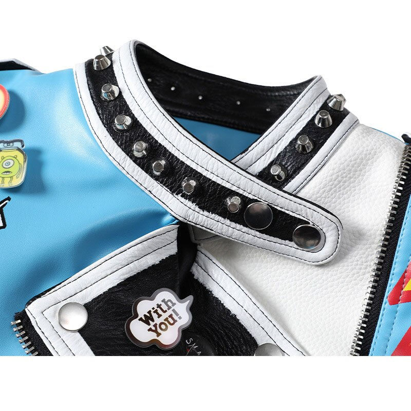 Thumbnail: Zebra Sleeved Sky Blue Studded Biker-Style Jacket