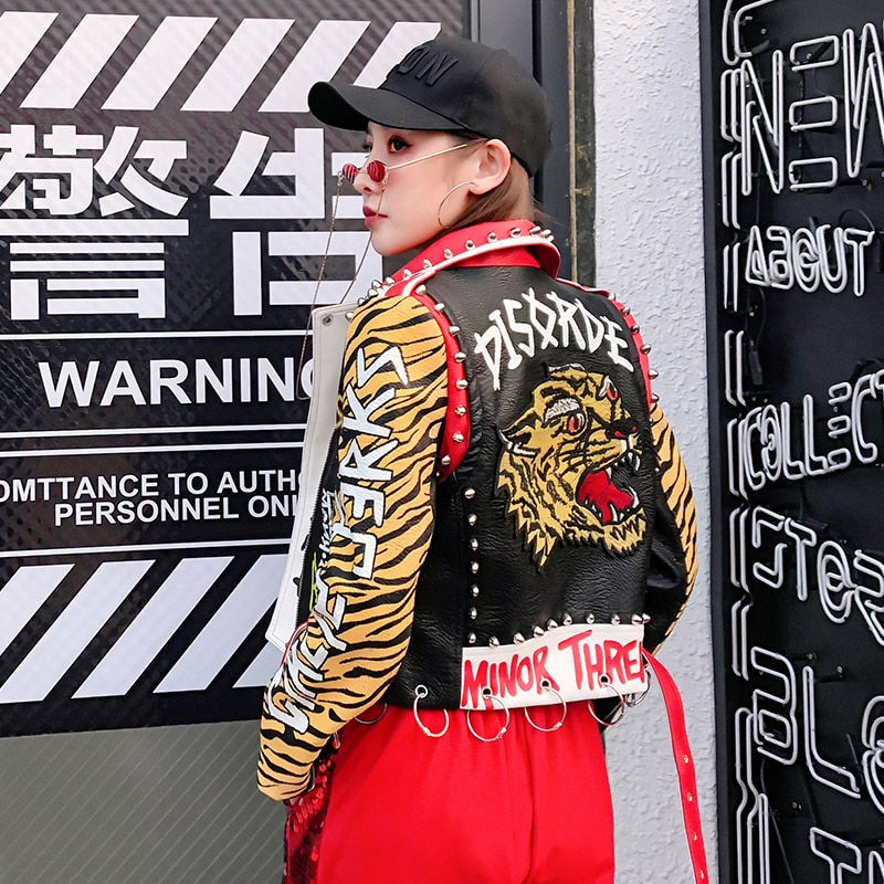 Thumbnail: Tiger Graffiti Studded Biker-Style Jacket