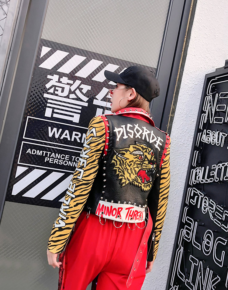 Thumbnail: Tiger Graffiti Studded Biker-Style Jacket
