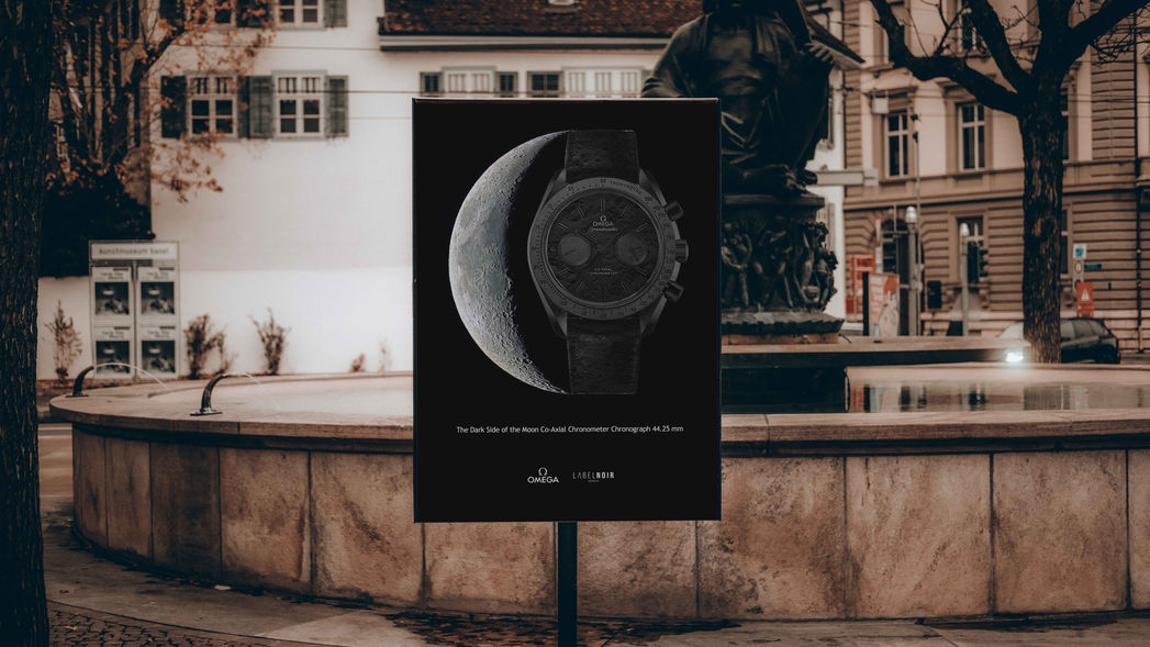 A poster showing the exclusive watch design for the Omega and Label Noir collab.