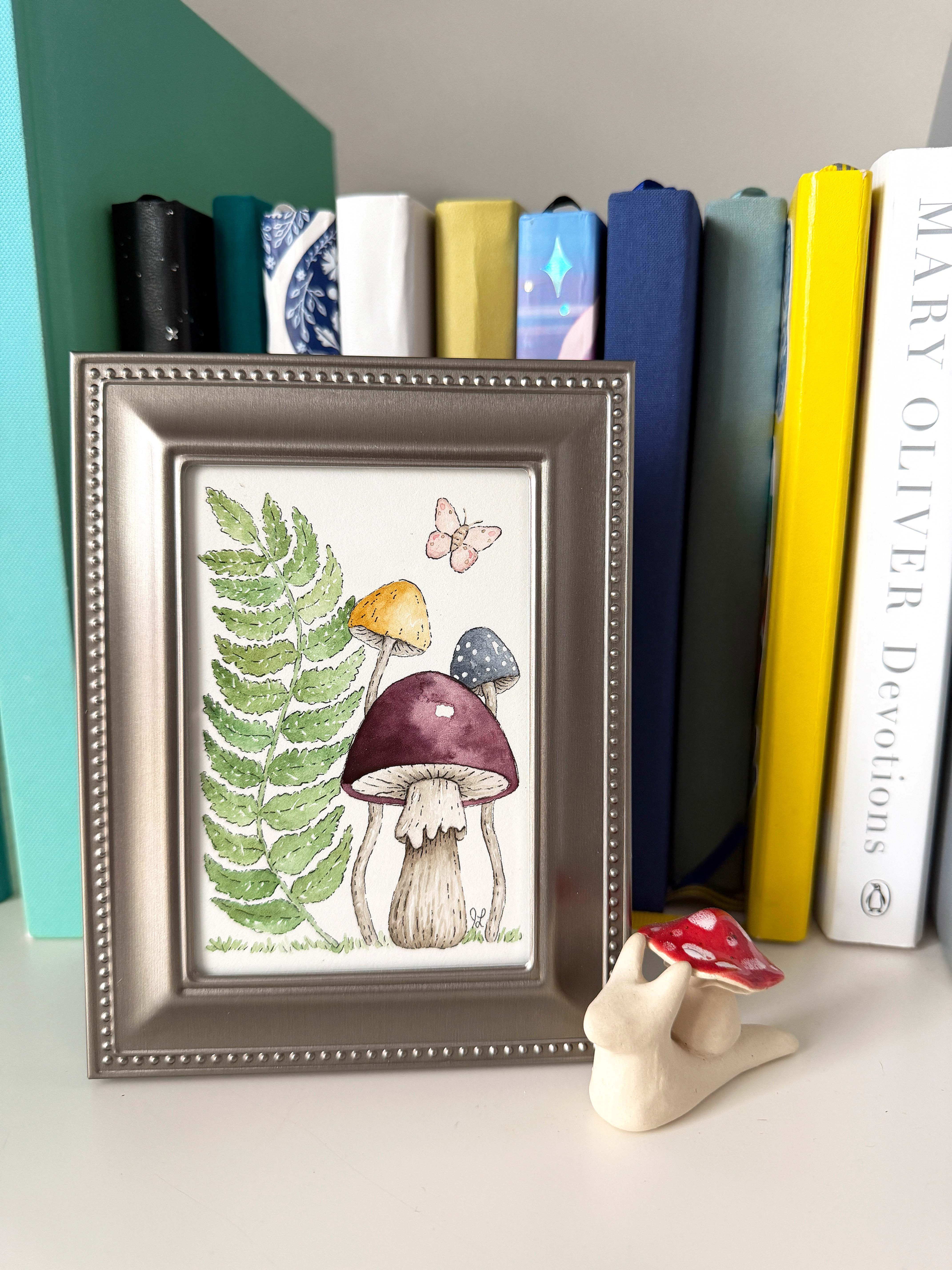 Mushroom Trio & Fern Original Watercolor