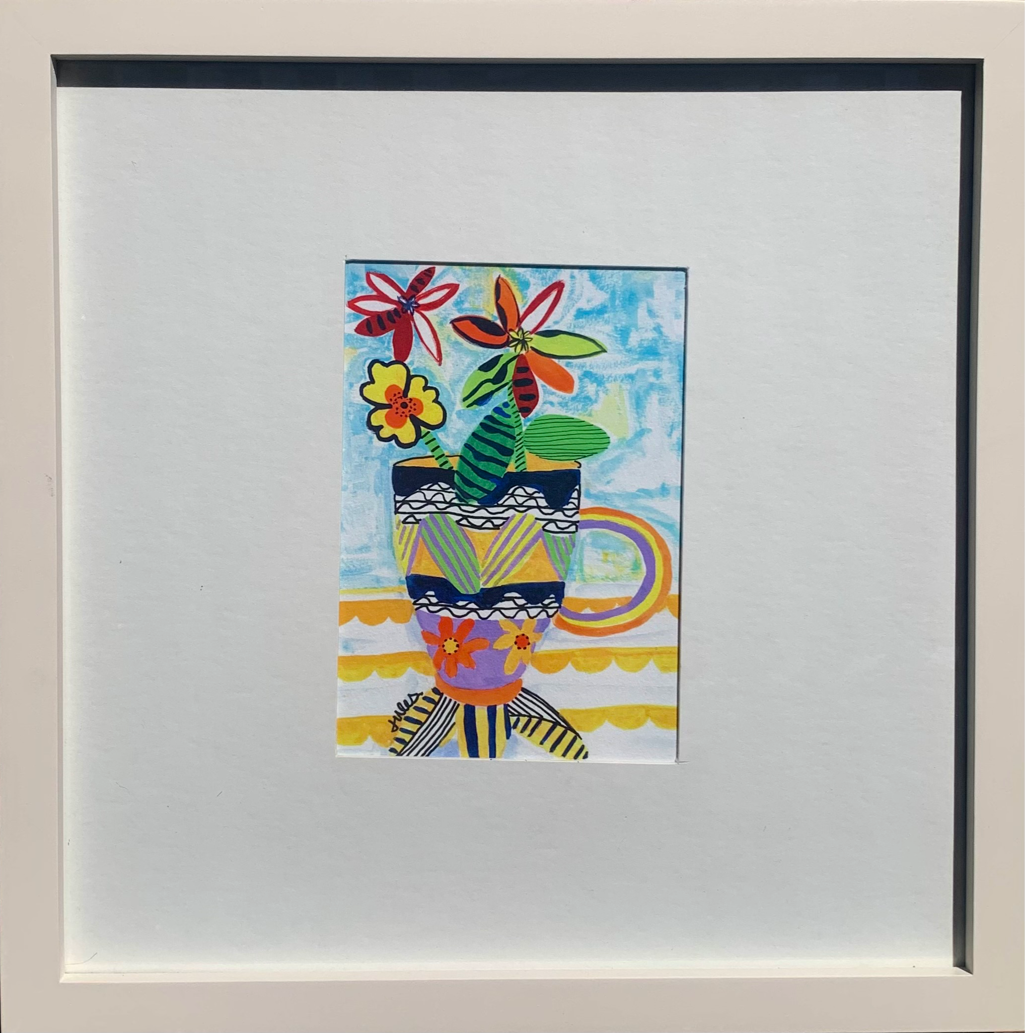 "Three Flowers in Mug" Archival Giclee  Matted in White Frame