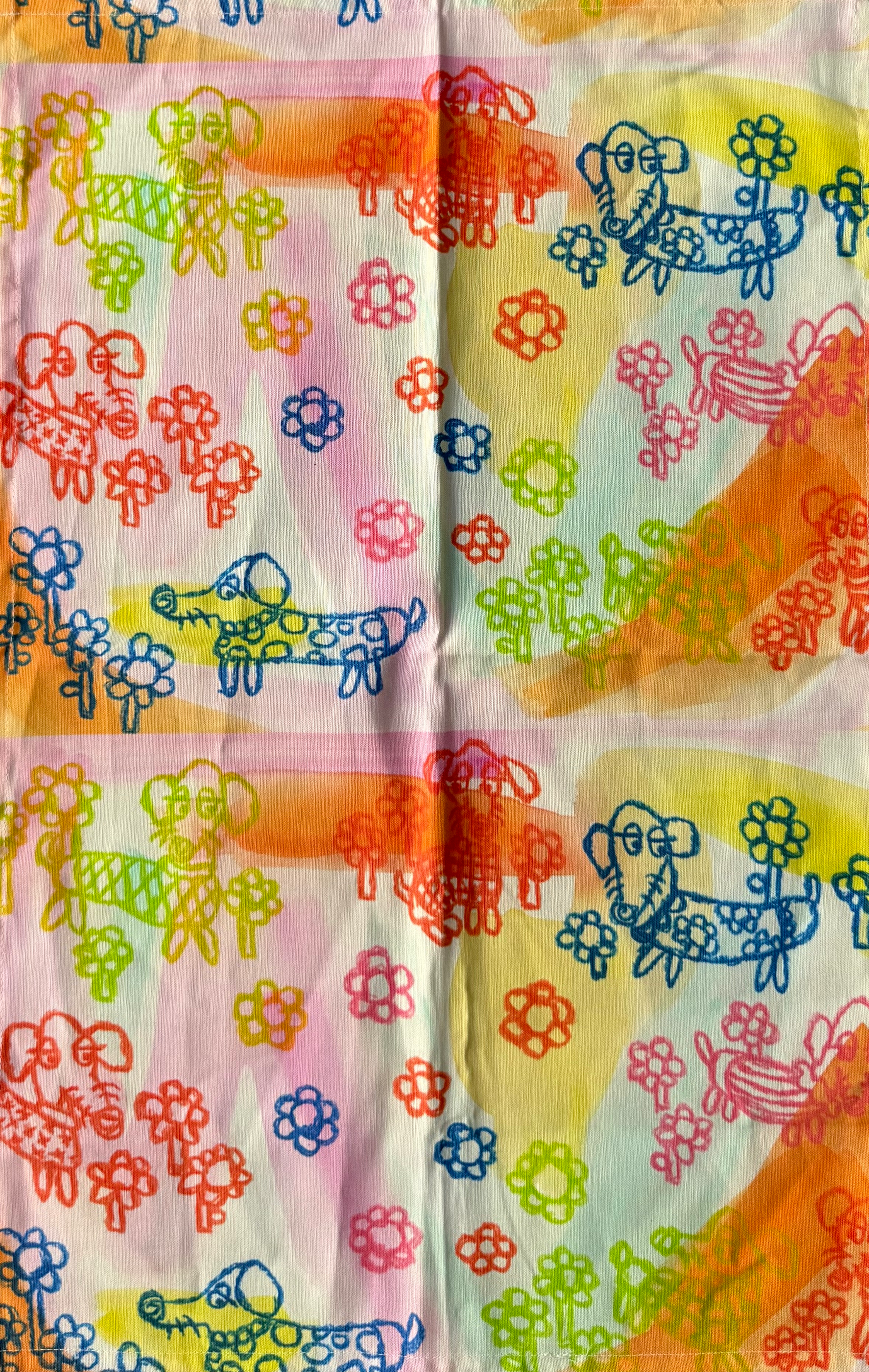 SOLD JuLeS Original "Wandering Dogs in a Field of Flowers" Tea Towel