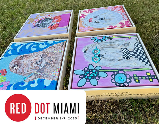 4 dog painting at Red Dot Miami Show by Jules gissler.