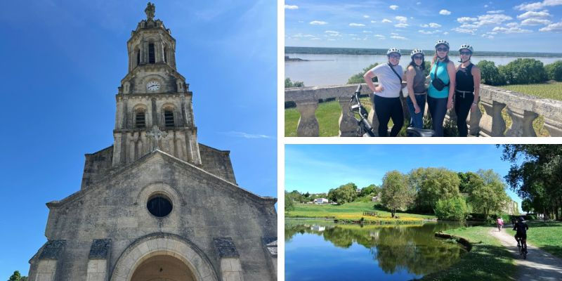 Stone church beneath a clear sky; cyclists in helmets by a riverside with trees; serene lake with green landscape and cyclist on path.