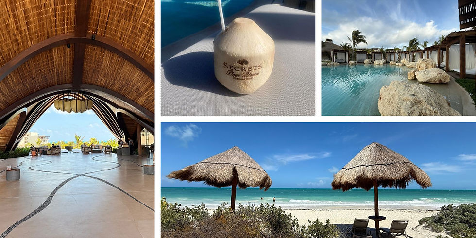 Open lobby with wooden arches, coconut drink labeled "Secrets," pool with palm trees, and beach with straw umbrellas under clear skies.