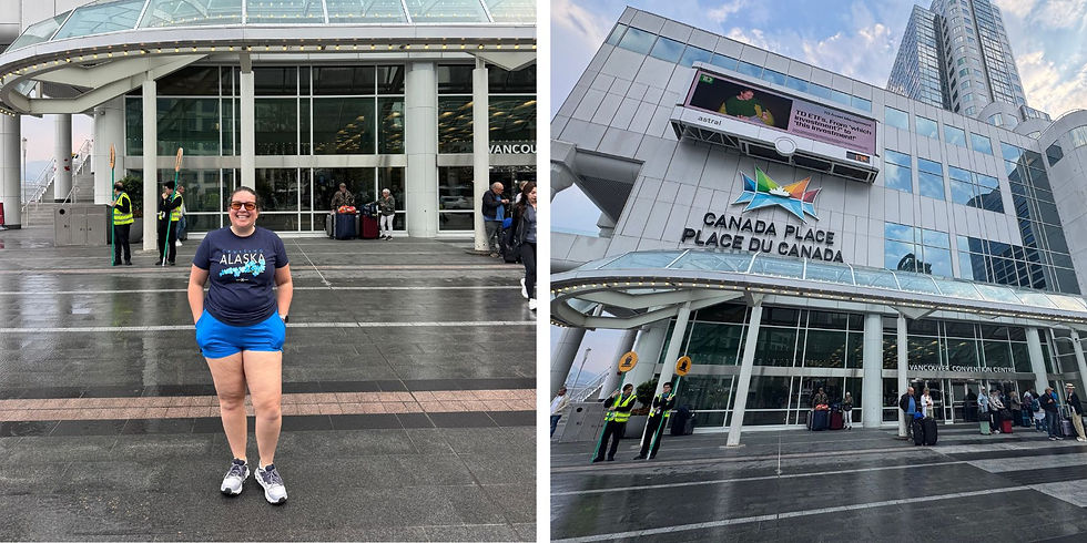 Smiling woman in Alaska shirt stands at Canada Place, Vancouver, with cruise terminal and travelers behind her.