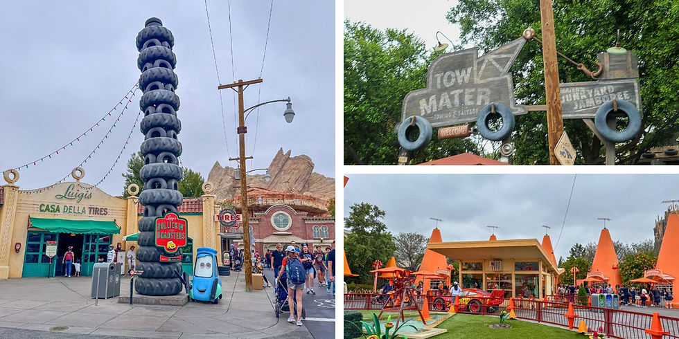 Theme park with tire tower, Luigi’s Casa Della Tires, Tow Mater sign, and cozy cones. Visitors walk around vibrant, playful setting.