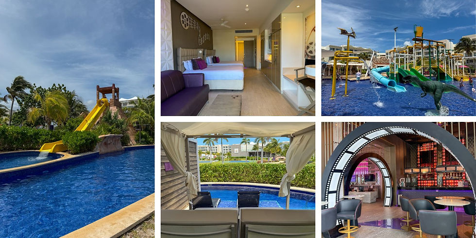 Collage of resort scenes: a yellow slide into a pool, a hotel room with purple accents, cabana view of palm trees, water park, and a chic bar.
