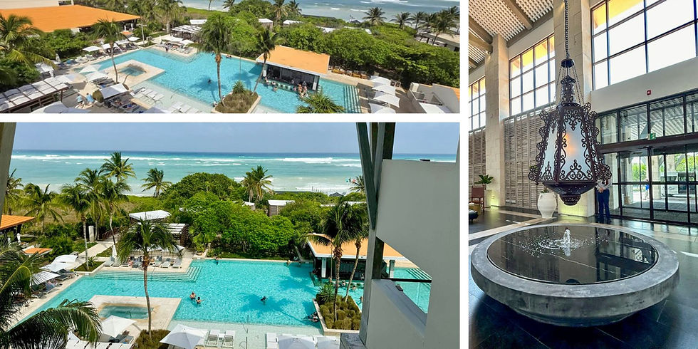 Rooftop views of a tropical pool with palm trees, people swimming. Ocean in the background. Indoor lobby with a large ornate chandelier.