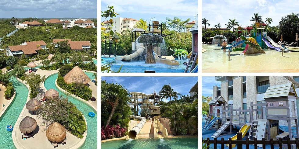 Aerial view of a tropical resort with pools, water slides, and a lazy river. Umbrella huts and foliage add a relaxed, sunny vibe.