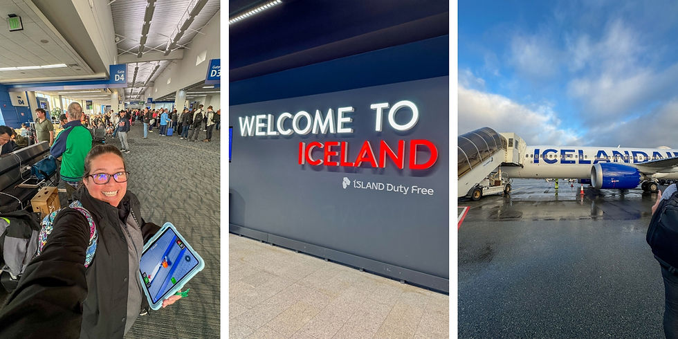 Airport selfie, woman smiling with a tablet. Crowded gate D4. Sign reads "WELCOME TO ICELAND." Icelandair plane outside under blue sky.