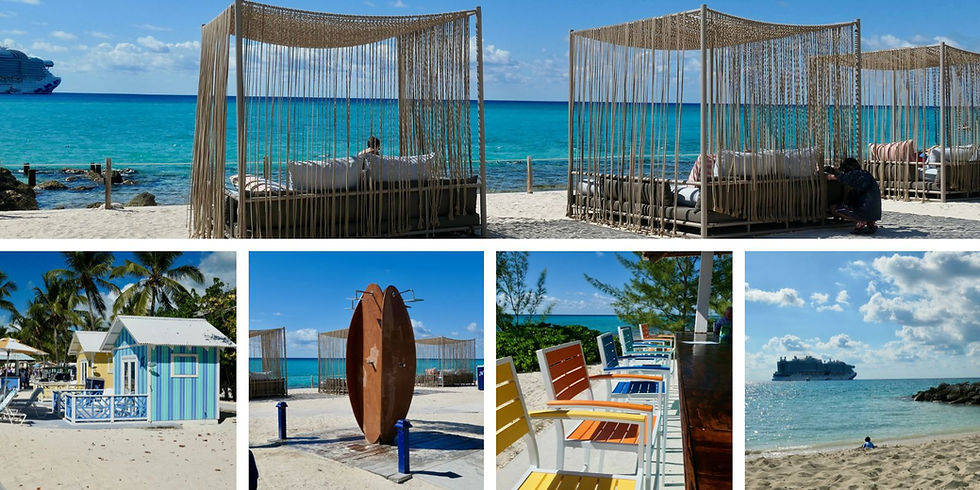 Beach scene with cabanas, colorful beach huts, and lounge chairs. Cruise ship on the horizon. Clear blue skies and ocean. Relaxed vibe.