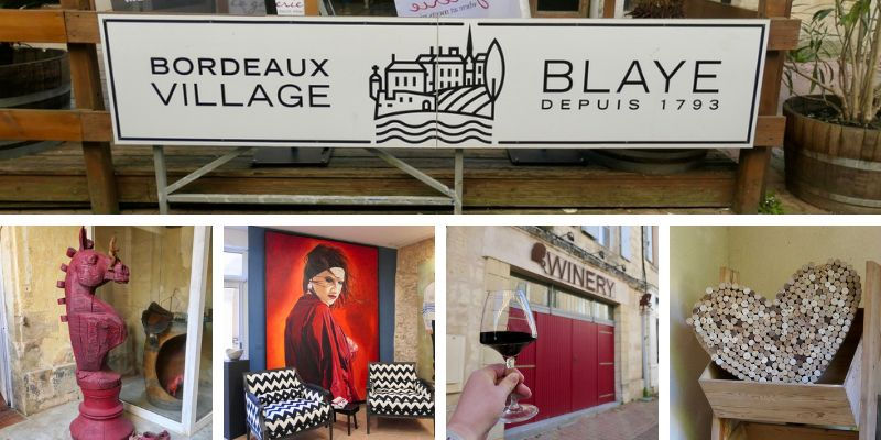 Sign reading "Bordeaux Village Blaye" with illustrations. Below, artworks, a hand holding wine, a heart made of corks, and a "Winery" sign.