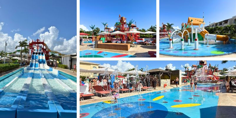Water park with slides, splash pads, and vibrant structures under a clear blue sky. People enjoying the sunny day. Relaxing, fun atmosphere.