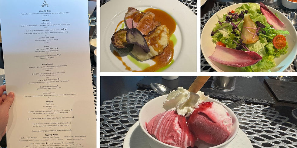 Menu held by hand, featuring a multi-course meal. Dishes include roast meat, salad, and a dessert with ice cream and whipped cream.