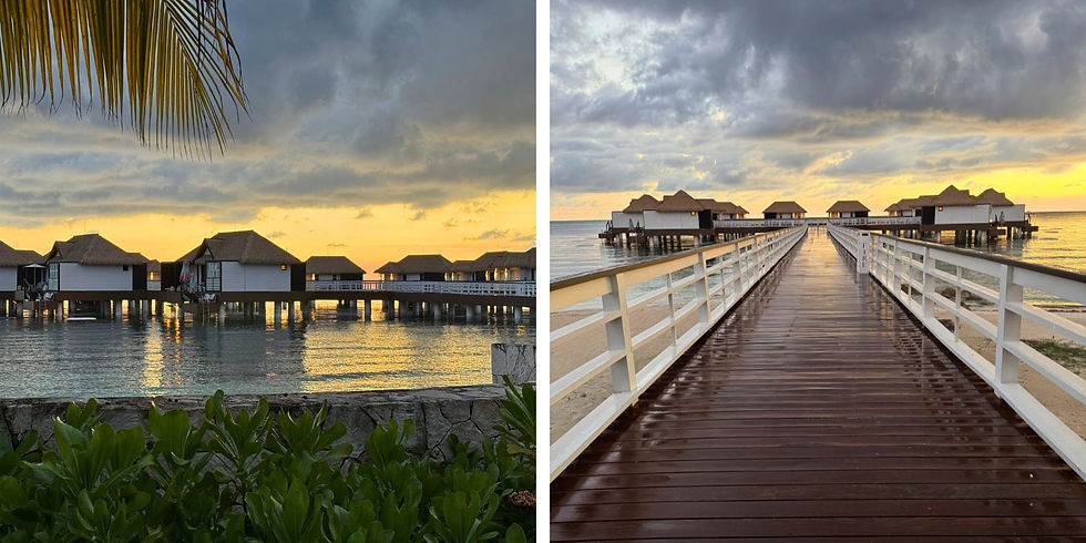 Overwater bungalows at sunset, cloudy sky, palm leaves, and wooden walkway leading to the ocean. Calm and serene atmosphere.