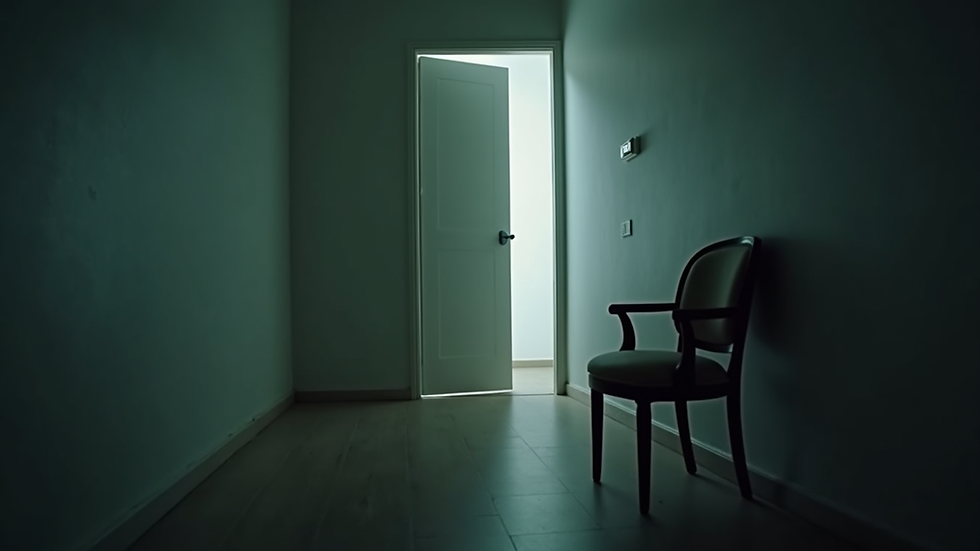 Eye-level view of a dimly lit room with a single chair and a closed door