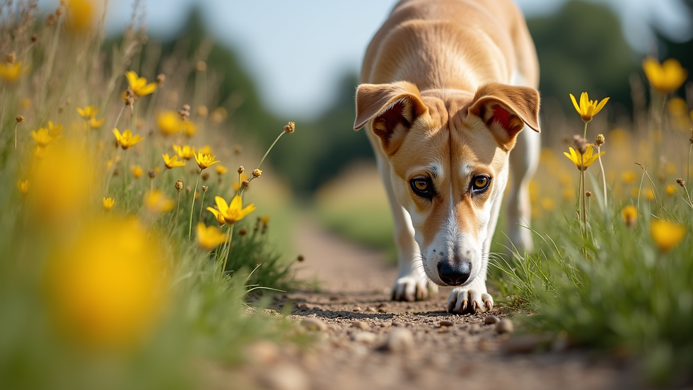 Close-up view of a dog sniffing wildflowers on a countryside path