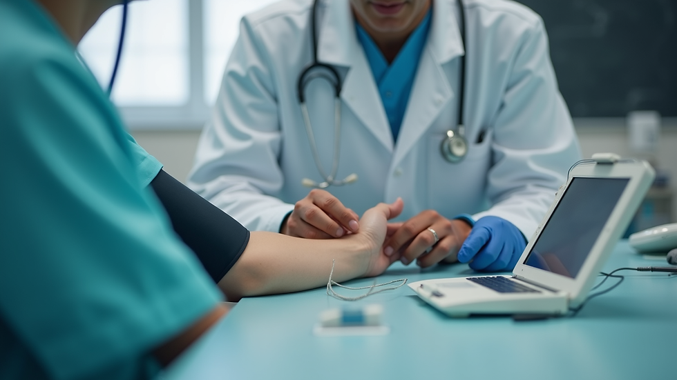 Eye-level view of a healthcare professional measuring blood pressure
