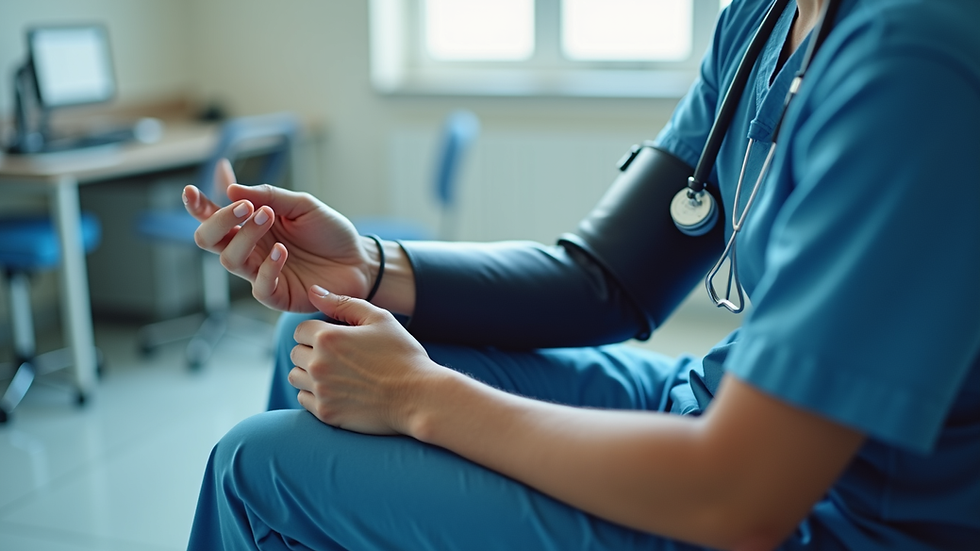 Close-up view of a healthcare professional preparing a blood pressure cuff for a patient