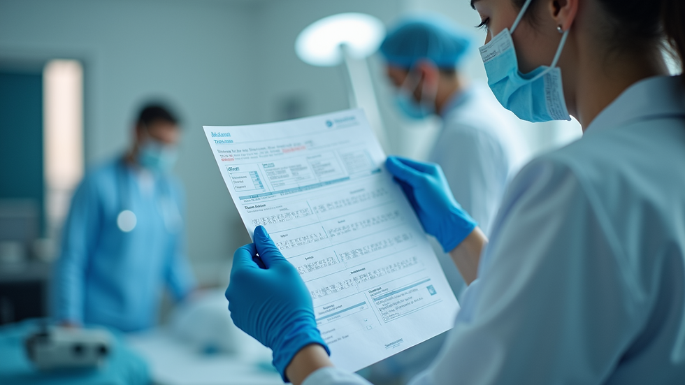 Close-up view of a health professional reviewing medical test results