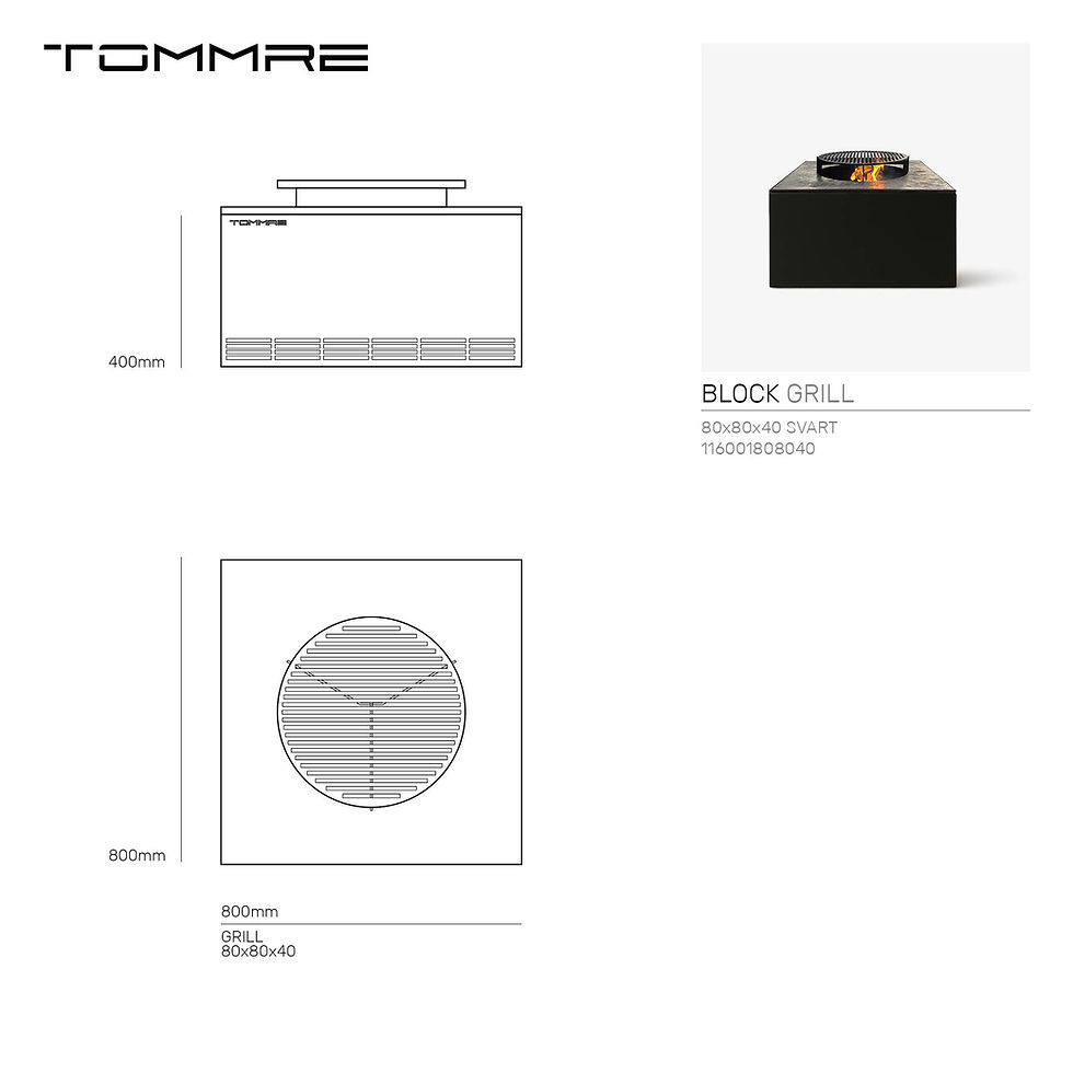 Miniatyrbild: Måttskiss för svart BLOCK grill 80x80x40 – tekniska dimensioner för planering av grillplats.